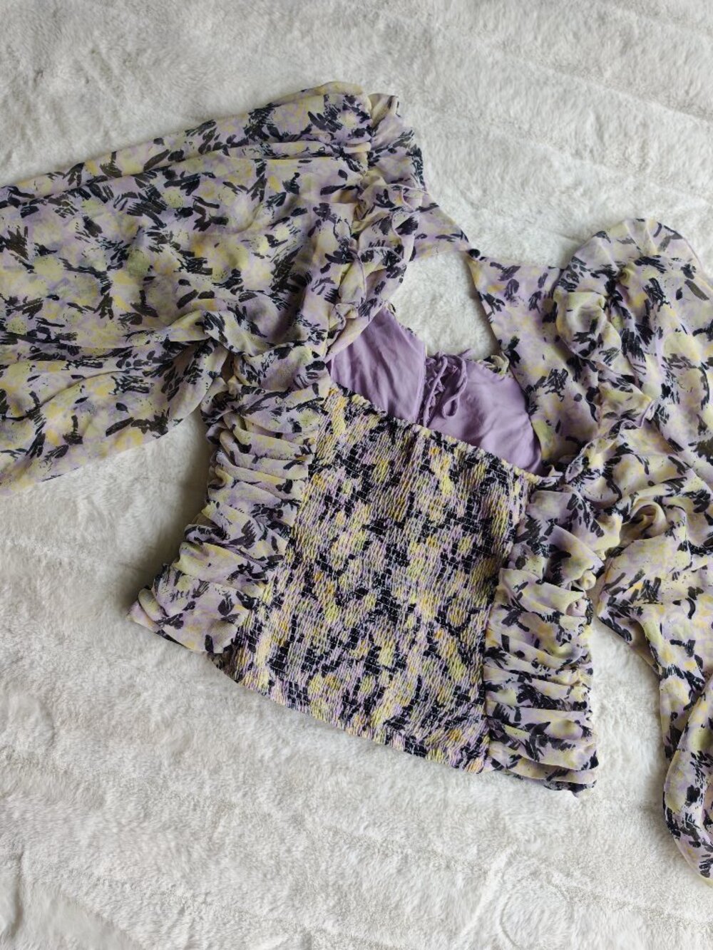 Free People Floral Ruched Blouse Top Puff Sleeve Tie Front Cottagecore Boho M - Picture 16 of 16
